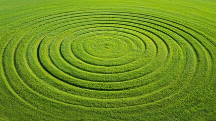 Aerial drone view captu vibrant green crop fields in concentric circular patterns showcasing nature's beauty in agricultural landscape scenes.