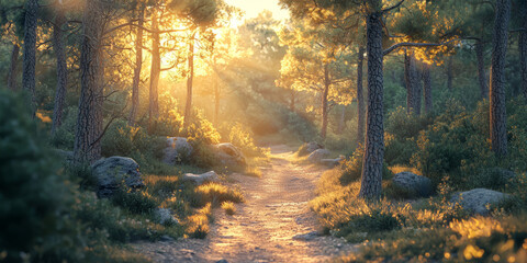 Enchanting forest path winding through towering pine trees, golden sunlight filtering through the canopy, serene and peaceful