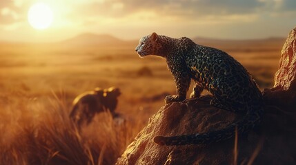 Leopard Sitting on a Rock at Sunset Over the Savannah in Africa with a Majestic Background