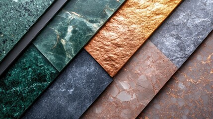 Abstract marble and stone slabs, various colors and textures, close up. Ideal for interior design and architecture