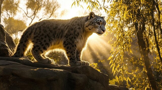 Majestic Snow Leopard Standing on a Rock with Sunbeams Filtering Through Lush Green Forest
