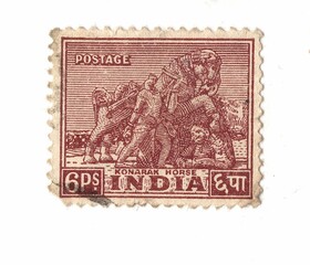A vintage postage stamp from India isolated on a white background.
