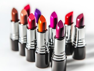 Obraz premium Collection of lipsticks in vibrant colors and sleek designs, isolated on white, capturing their elegant and modern aesthetics.