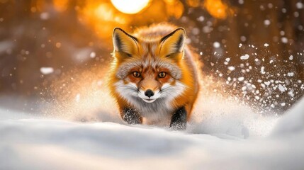 Red Fox Running Through Snowy Landscape Under Golden Sunset in a Winter Forest