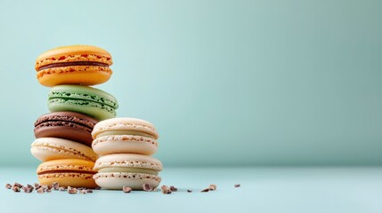 Colorful macaron stack on pastel background with delicate chocolate pieces highlighting sweet treats and dessert aesthetics