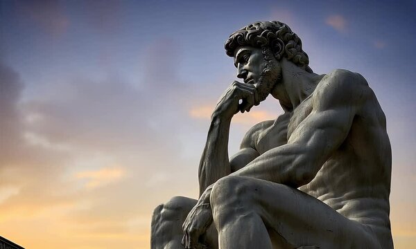 Philosophical statue sunset contemplation, Italian cityscape background; ideal for philosophy, art, history
