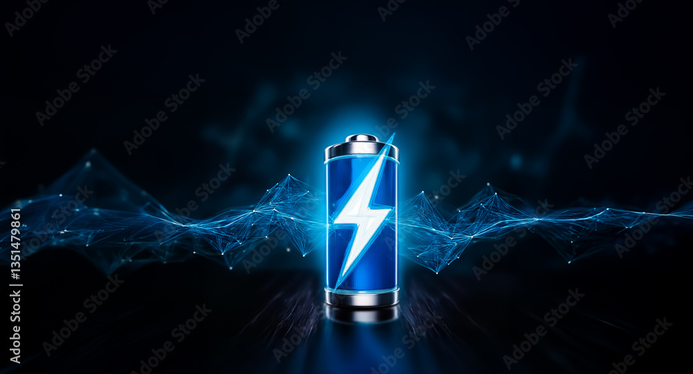 Aufkleber a vivid blue battery with a striking white lightning bolt is positioned against a dark backdrop feat