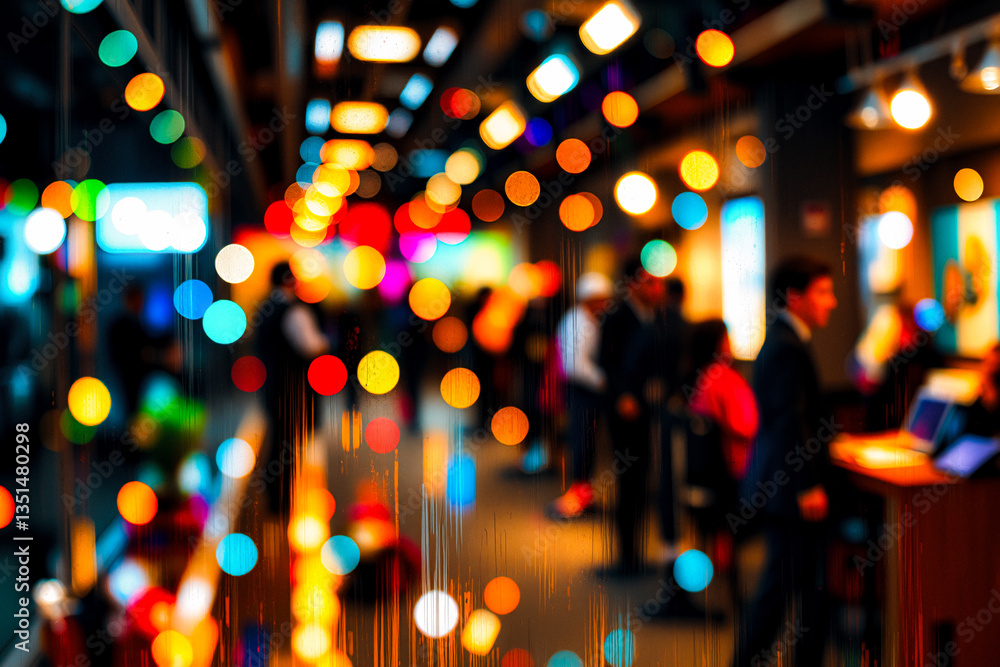 Poster blurred indoor scene with vibrant bokeh lights creates a festive atmosphere. people are indistinct i