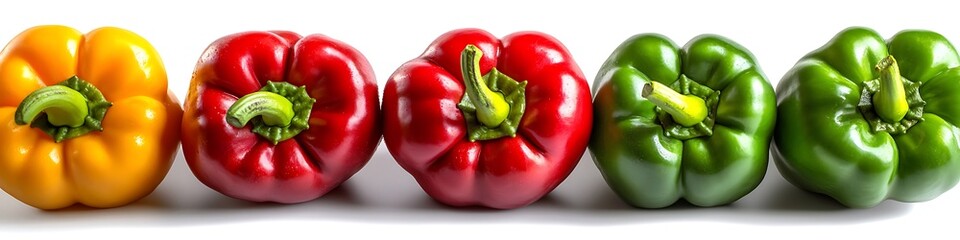 Colorful bell peppers displayed in a high-resolution studio setting, isolated on white with detailed textures and vivid hues.