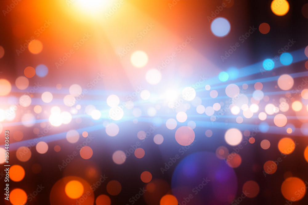 Poster abstract background with bright light burst and bokeh circles in shades of orange, blue, and white, 