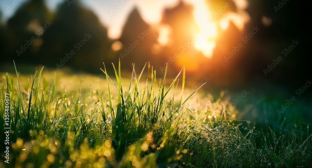 Aufkleber Sunlight streams through distant trees, illuminating lush green grass in the foreground creating a serene and natural outdoor scene. The focus is soft and peaceful.