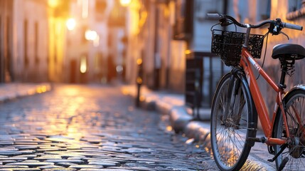 Charming cobblestone street with a parked orange bicycle surrounded by warm golden light at sunset in a quaint European town