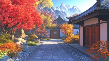 Fototapeta premium Serene Autumnal Garden in the Mountains: A Digital Painting of Tranquility