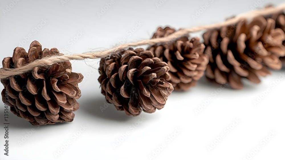 Poster a string of pinecones arranged in a row, showcasing their natural texture and shape against a light 