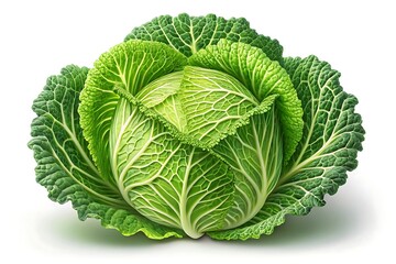 Obraz premium A vibrant savoy cabbage, a symbol of freshness and healthy eating, showcased against a stark white background with crisp, detailed textures.