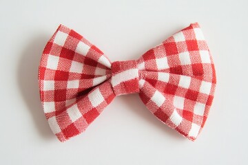 A red and white checkered bow tie on a light background