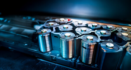 Close-up view of cylindrical battery cells assembled in a module, possibly for electric power. Metallic elements and dark background.