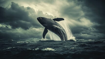 Majestic Whale Breaching in a Stormy Ocean
