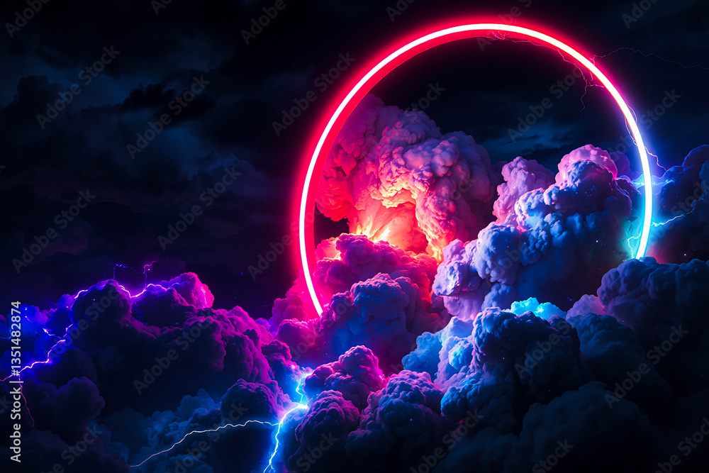 Leinwandbilder a vibrant neon circle glows in a dark sky with dramatic clouds and lightning, creating a surreal and