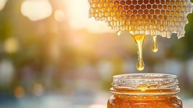A honeycomb dripping honey into a glass jar, illuminated by soft, warm light. Concept Honeycomb Close-Up, Dripping Honey, Glass Jar, Warm Light, Culinary Photography