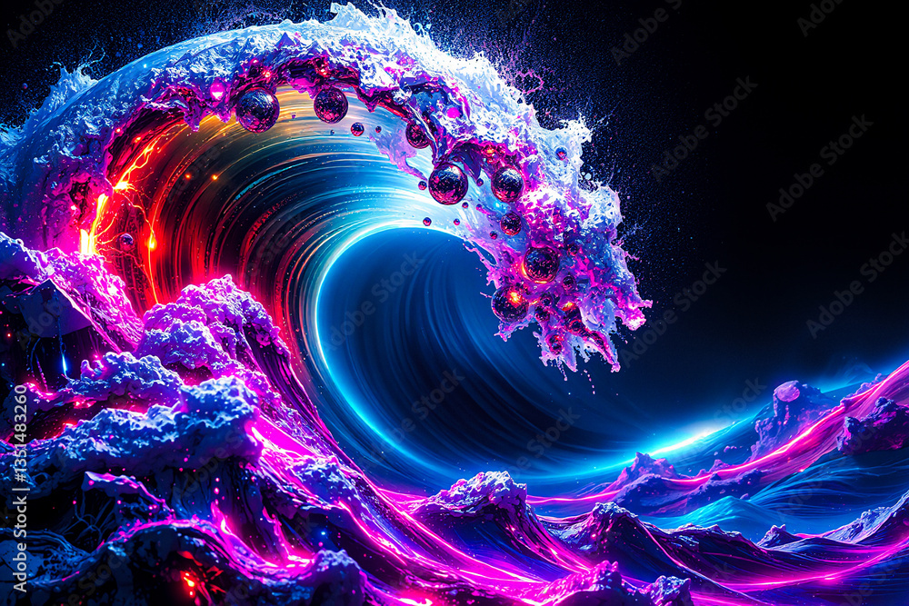 Poster a vibrant wave crests with neon blue, pink, and red light against a dark backdrop. the dynamic ocean