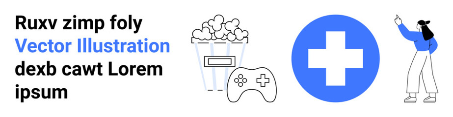 Popcorn bucket, game controller, healthcare cross, and a person drawing with a stylus. Ideal for entertainment, gaming, health awareness, creativity, modern lifestyle education and simple landing