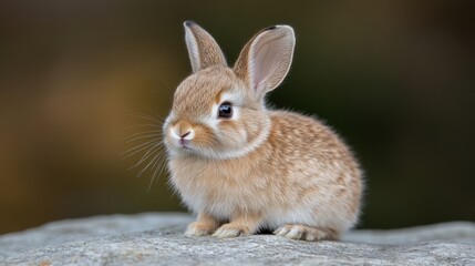Fototapeta premium A full body shot of an adorable brown rabbit with smooth, shiny fur, standing on a white background with soft light casting a warm glow.