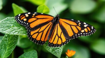 Monarch Butterfly Resting on Green Leaf in Vibrant Garden Environment with Stunning Colors