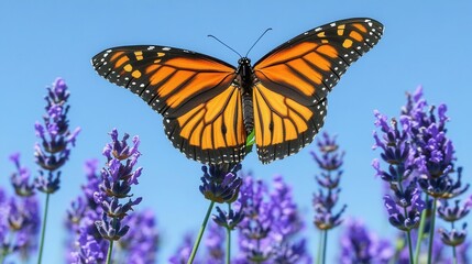 Obraz premium Monarch Butterfly Resting on Lavender Flowers Against a Bright Blue Sky in Nature