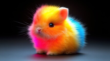 A realistic white rabbit glowing with pink and blue neon light, surrounded by deep contrasting colors. The glow from the neon lights highlights the delicate texture of its fur in mesmerizing detail.