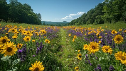 Fototapeta premium Sunflowers and wildflowers path through meadow, mountains in the background