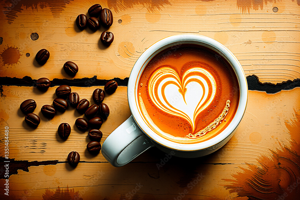 Poster aromatic coffee artfully crafted with a heart shape in a white cup, accompanied by scattered beans o