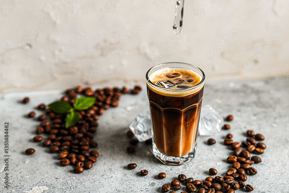 Poster a refreshing iced coffee is poured into a tall glass with ice cubes, surrounded by roasted coffee be