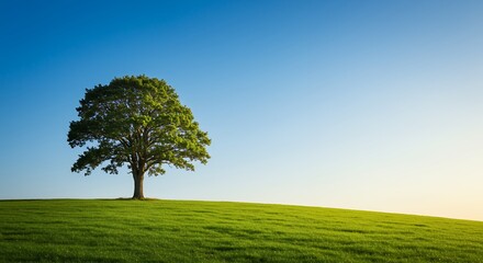Obraz premium Solitary Tree on Green Hill Blue Sky Nature Scene