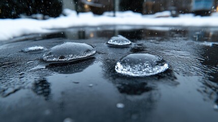 Frozen water droplets on icy surface