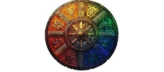 Colorful medieval round shield with intricate symbols, displayed against a bright white backdrop, in high resolution.