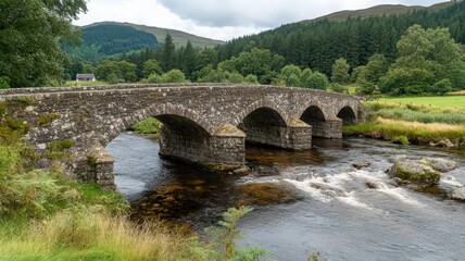 Fototapeta premium Stone Arch Bridge Over a River in a Lush Green Valley
