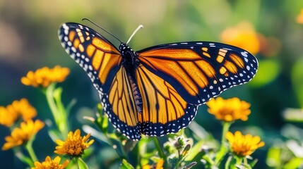 Fototapeta premium Monarch Butterfly Perched on Vibrant Yellow Flowers in a Lush Garden Setting