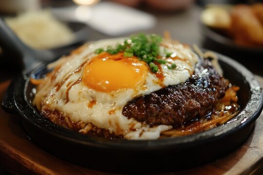 A sizzling plate of hambagu with a juicy beef patty