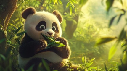 Obraz premium Adorable Panda Cub Enjoying Bamboo in Lush Forest
