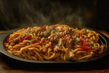 Fototapeta premium A sizzling plate of Jjajangmyeon with black bean sauce and vegetables