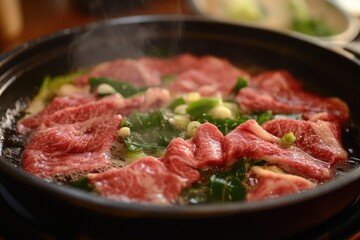A sizzling skillet of shabu shabu with thin beef slices