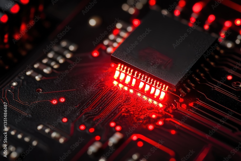 Aufkleber red illuminated microchip close-up high-tech circuit board detail