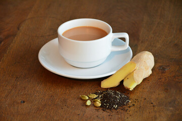 Cup of hot coffee ingredient decoration, put on the brown table