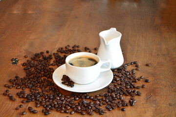 Cup of hot coffee ingredient decoration, put on the brown table