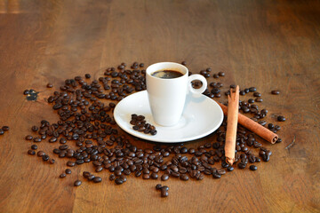 Cup of hot coffee ingredient decoration, put on the brown table