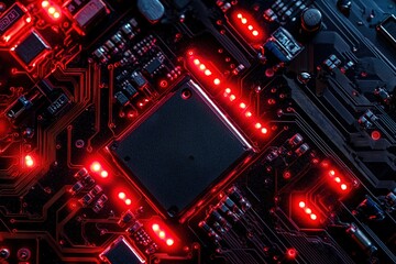 Fototapeta premium Red Illuminated Circuit Board, Close-up Technology Background, Electronic Components