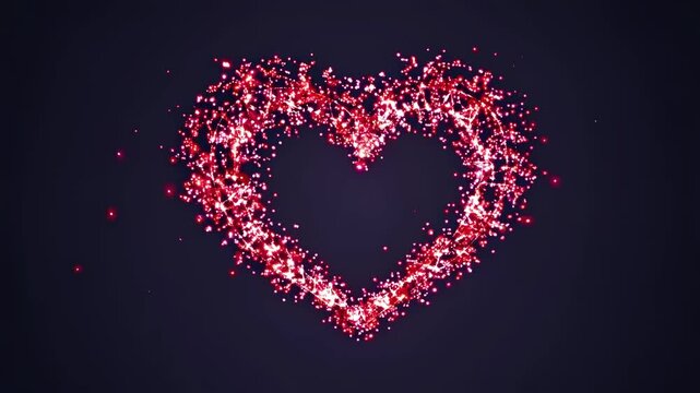 A heart shape made of glowing red particles on a dark background, viewed from a straight angle, resembling a romantic video animation effect. Live desktop wallpaper.
