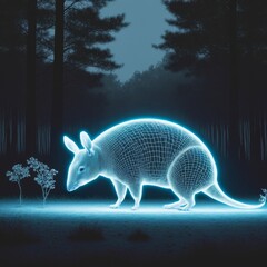 Illuminated armadillo walking through a mystical forest at night  