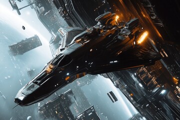 A dynamic shot of a sleek, dark spaceship maneuvering through a sprawling futuristic cityscape